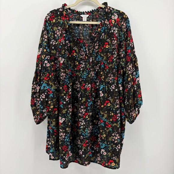 Intro Woman Plus Size 2X Black Floral Smocked V Neck Tunic Top 3/4 Sleeve - Picture 1 of 7